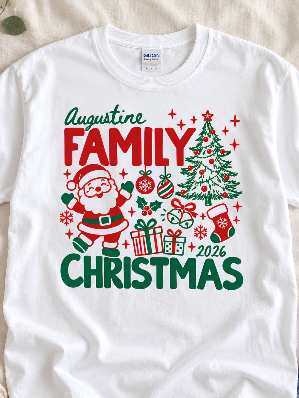 Gildan White Christmas Family Tee with Red & Green Festive Print